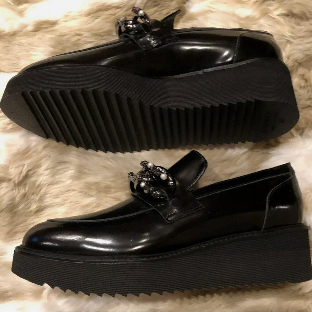 Jeannot Donna Leather Embellished Platform Slip On Loafer